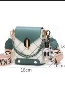 Women Shoulder Bag For Cell Phone BearBoho PlaidPU Material With Metal Decoration - màu xanh lá - Xem 6