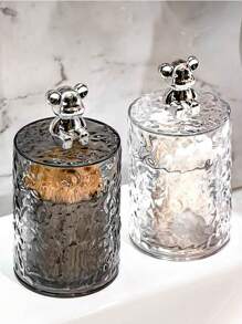 1 pieza Caja de almacenamiento con tapa para hisopos de limpieza, soporte para hilo dental y palillos, organizador de cuidado personal y almacenamiento, apto para hogar/oficina/hotel, diseño minimalista y elegante con patrón glaciar y decoración de oso