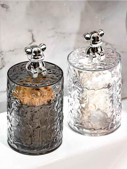 1pc Cleaning Swab Storage Box With Lid, Dental Floss & Toothpick Holder, Personal Care & Storage Organizer, Suitable For Home/Office/Hotel, Stylish Minimalist Design With Glacier Pattern & Bear Decoration