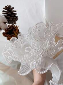 6 pièces/set Bouquet de fleurs en chiffon de style vague coréen, artisanat de fleurs roses pour l'emballage-cadeau, convient pour la décoration de fleuriste, les faveurs de mariage, les cadeaux d'anniversaire - chiffon, volants, perles, rose, blanc