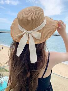 Sombrero de sol de ala ancha, sombrero de paja con cinta de lino plana y decoración de lazo en estilo retro bohemio elegante, versátil para uso casual al aire libre, protección UV y contra el viento, poliéster, acento de lazo, primavera/verano