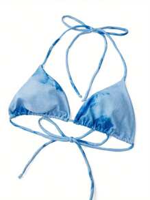 Women 2-Piece Swimsuits Fashion Prints Tie Front Halter Neck Bikini Bra And Briefs Sets For Summer Beachwear - Blue - View 4