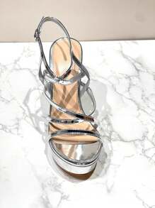 漆皮厚底高跟晚装凉鞋时尚凉鞋夏季女士凉鞋 - 銀色 - 查看 2