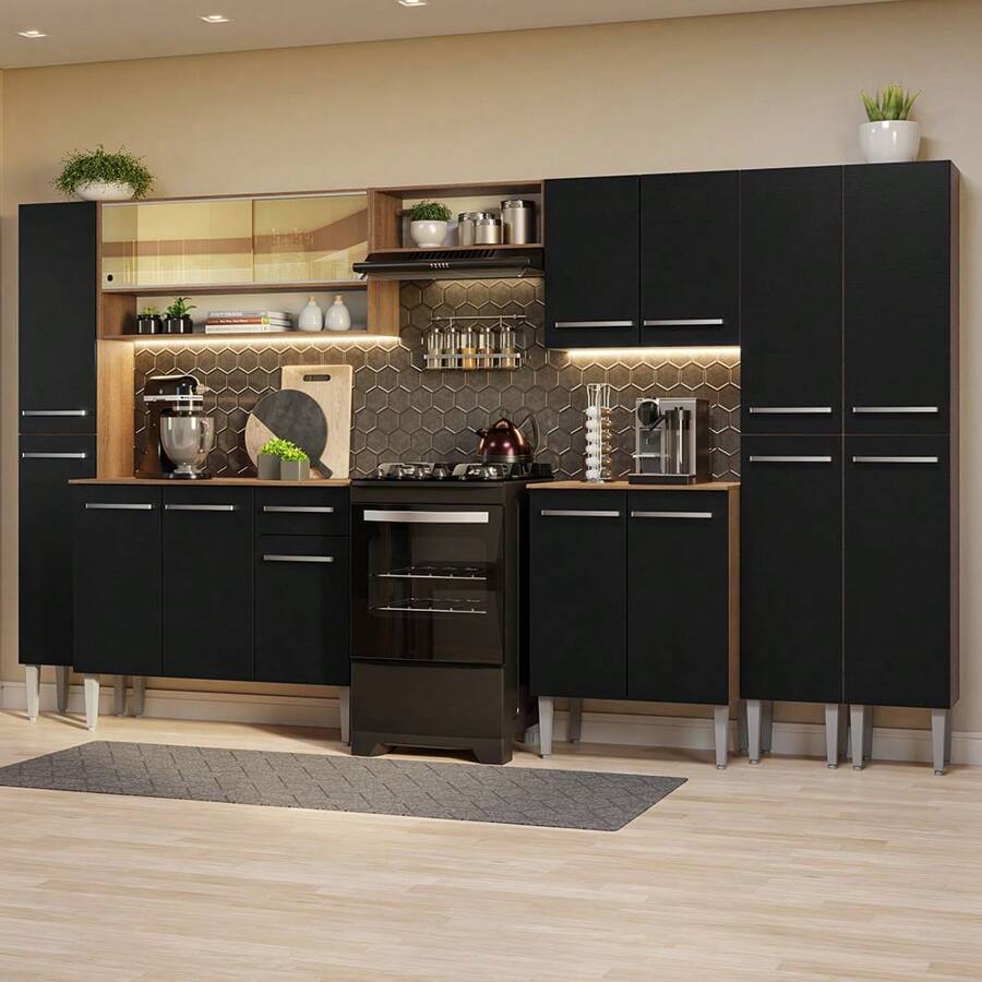 Cocina Integral Completa Modular Madesa Emilly 325cm Color Marrón/Negro 05 - Marrón y negro - Ver 1