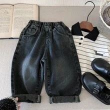 男童 2025 年春季新款黑色休闲刺绣胡萝卜牛仔裤，百搭时尚长裤