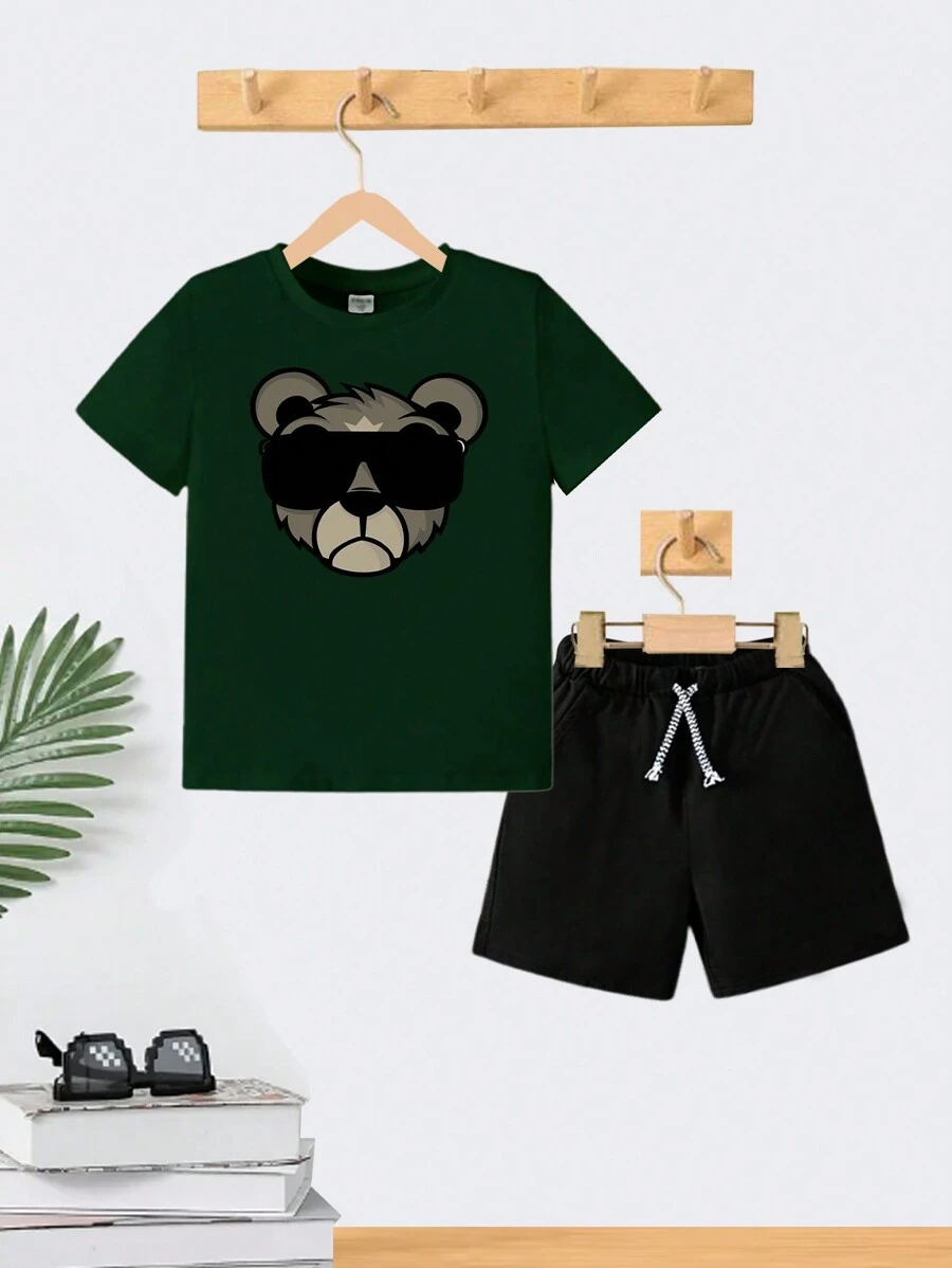 Conjunto Infantil Menino Urso Oculos Camiseta e Bermuda Roupa Criança Masculino Verão - Verde Escuro - Visão 1