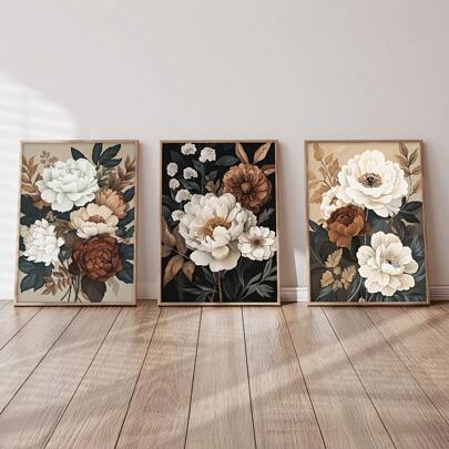 3 件艺术装饰花卉帆布墙面艺术套装，深色牡丹花卉印花，极简主义中性风景主题，肖像海报，适用于家庭办公室、客厅、卧室、餐厅装饰 - 帆布（带框）礼物生日毕业