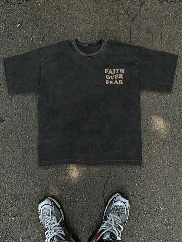 Camiseta de manga corta para hombre talla grande, casual, con estampado cuadrado de texto en inglés "FAITH", de estilo oscuro Y2K, de cuello redondo, lavada, para uso diario