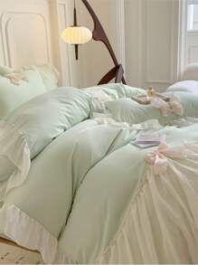 3/4 peças Conjunto de Roupa de Cama Floral de Chiffon com Borda (Capa de Edredão x1, Lençol x1, Fronha x1/2, Excluindo Enchimento), Conjunto de Capa de Edredão com Laço 3D de Estilo Princesa em Poliéster, Tamanho Queen, Macio e Confortável, Adequado para Quarto, Hotel, Todas as Estações