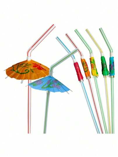 Kit com 12 Canudos Coloridos com guarda chuva para Bebidas, Canudos Flexíveis para Beber, Canudos Guarda-chuva Tropical com, Mini Guarda-chuva,