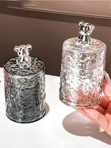 1 pieza Caja de almacenamiento con tapa para hisopos de limpieza, soporte para hilo dental y palillos, organizador de cuidado personal y almacenamiento, apto para hogar/oficina/hotel, diseño minimalista y elegante con patrón glaciar y decoración de oso