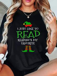 Women's 'Reading My Favorite' Graphic Tee - Soft Cotton, Crew Neck, Short Sleeve Casual Top For All Seasons -  Printed Short Sleeve 100% Cotton T-Shirt Top - Casual Sport Style - Comfortable & Breathable For Summer, Spring - 黑色 - 查看 1