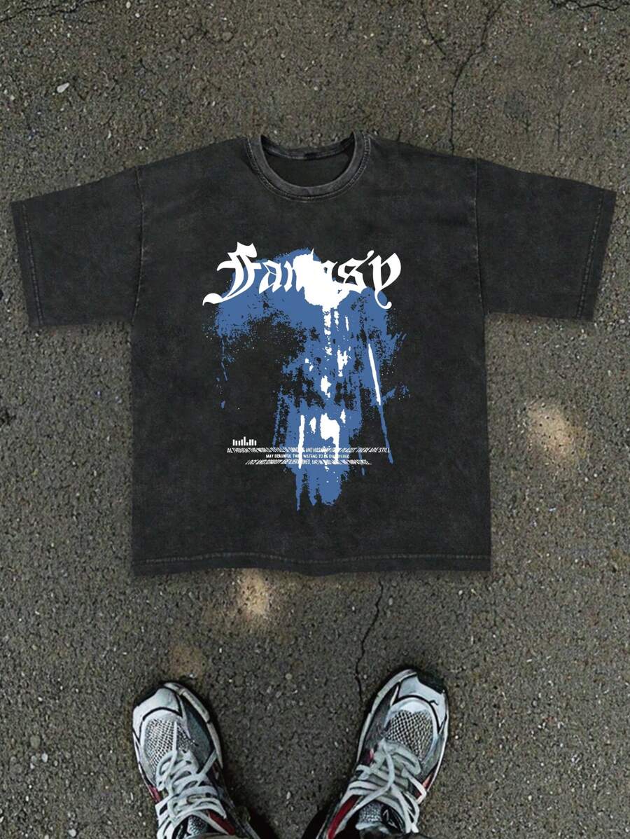 Plus Size Men's Summer Casual Round Neck English Blue Spray Painting Washed T-Shirt - Black - View 1