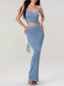 Two Piece Skirt Set For Women - Sexy 2 Pc Bright Silk Skirt Set Sleeveless Spaghetti Strap Scoop Neck Tank Top Bodycon Maxi Long Skirts Sets - 藍色 - 查看 5