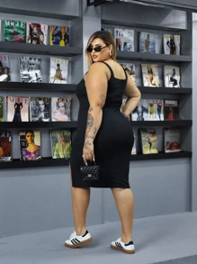 Plus Size Midi Dress With Square Neck And Front Slit PAZME - 黑色 - 查看 2