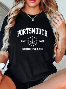 100% Cotton Portsmouth Est.1638 Graphic Tee - Women's Cotton Crew Neck T-Shirt, Casual Short Sleeve For All Seasons, Machine Washable - Black - View 1