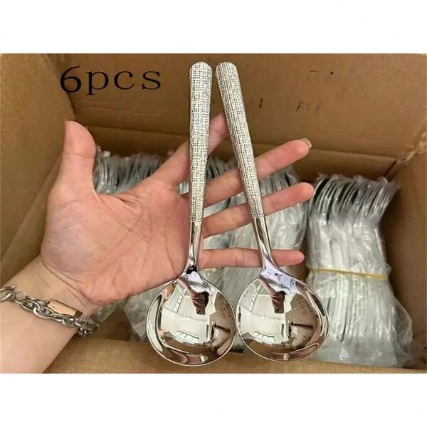 6pcs Set Stainless Steel Hammered Texture Serving Spoons - For Soups, Dining And Kitchen Use