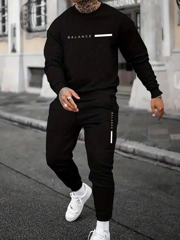 Conjunto de Moletom e Calça de Moletom Casual estampa de Letras Masculino, para Lazer Diário, Agasalho, Estilo Urbano Dia dos Pais