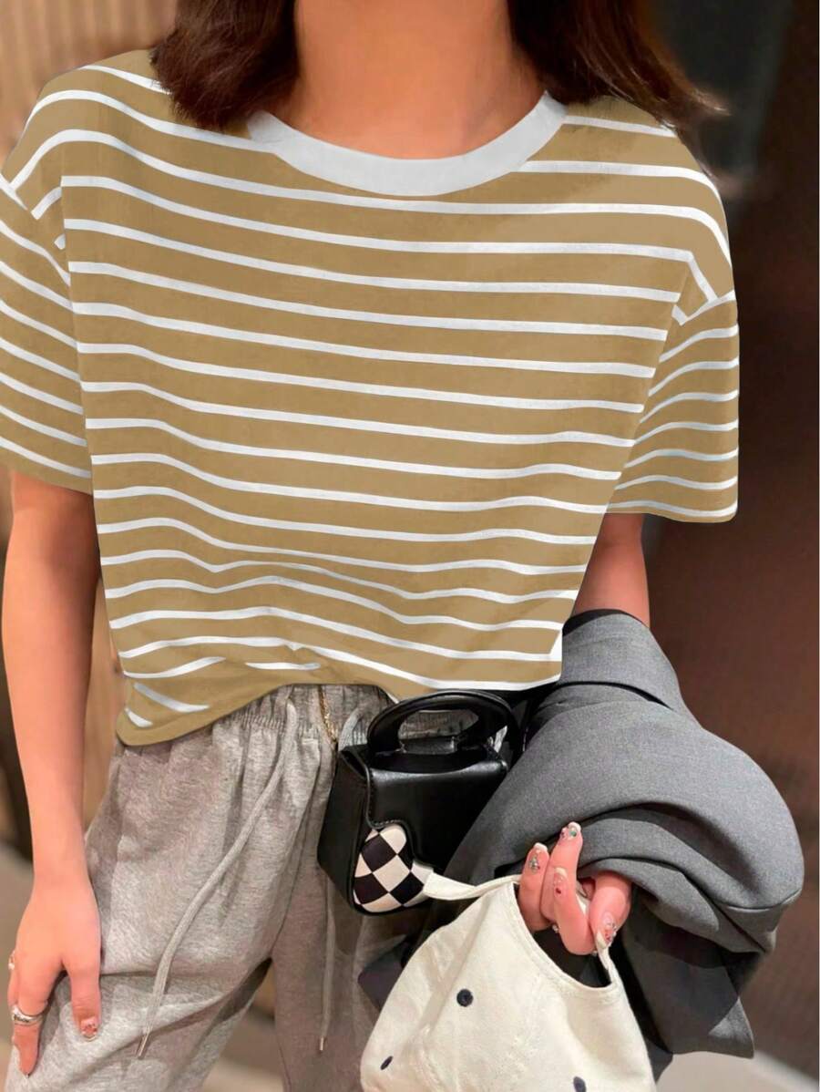 K&K FASHION Basic Striped T-Shirt Blouse - Camel - Ver 1