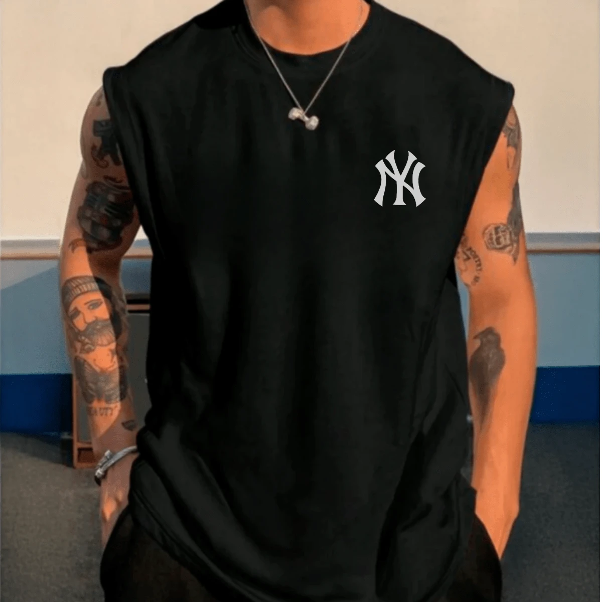 Men's Oversized Tank Top Stylish Gym 100% Cotton Scoop Neck Shirt Top - Black - View 1