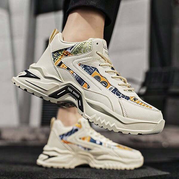 Men's Thick Sole Colorful Fashion Sneakers, Retro Color-Blocking Style Cute & Padded Sole Dad Walking Shoes