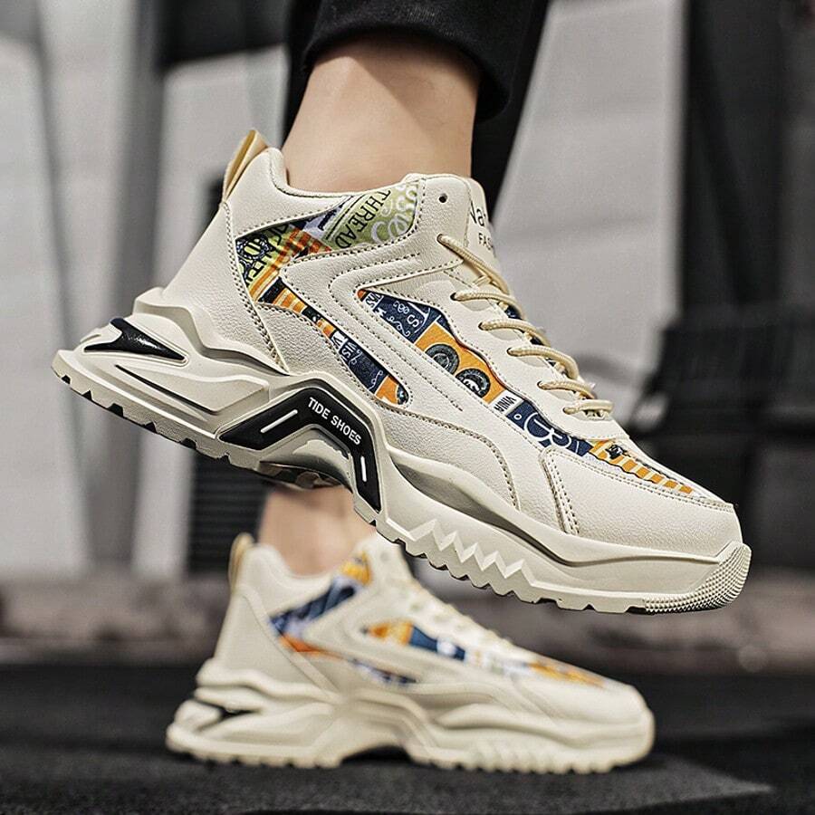 Men's Thick Sole Colorful Fashion Sneakers, Retro Color-Blocking Style Cute & Padded Sole Dad Walking Shoes