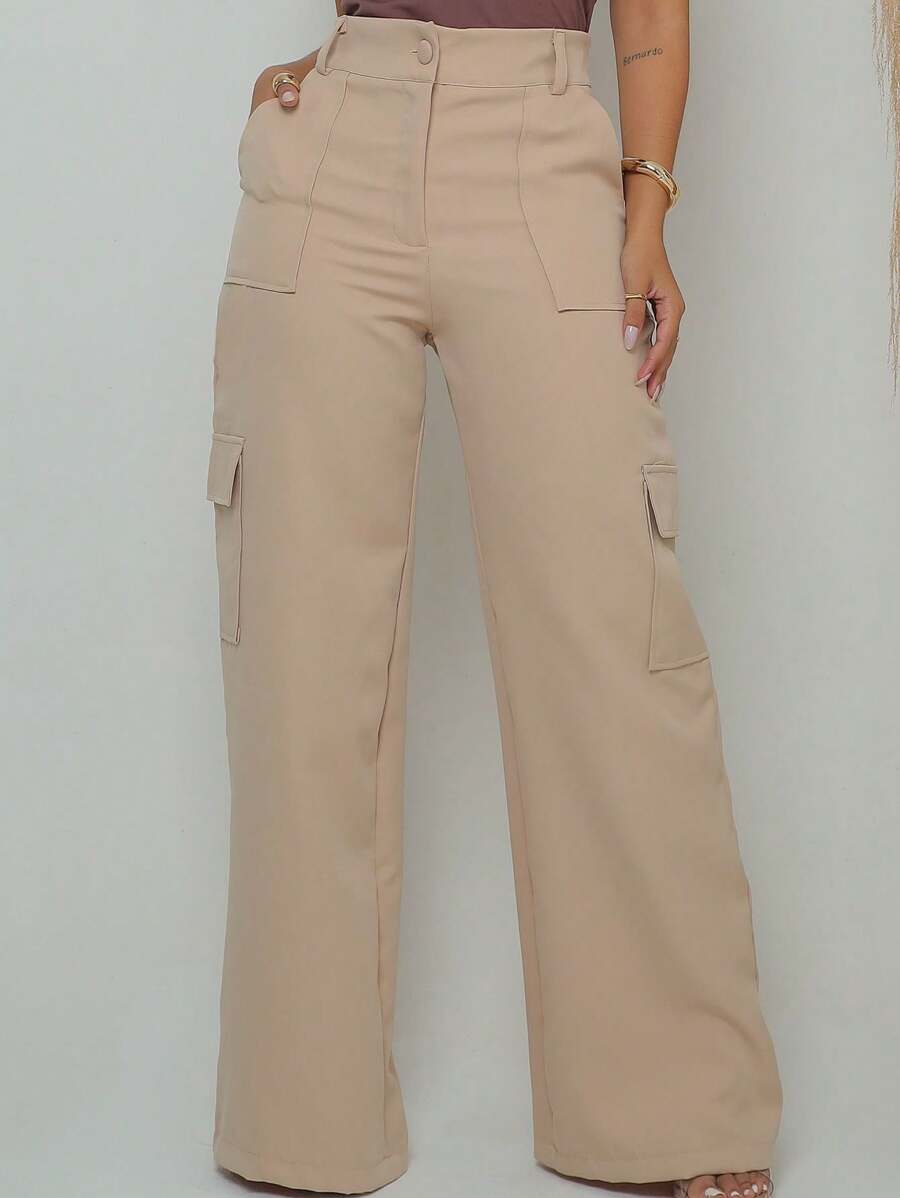 Women's Cargo Pants, High Waist, With Side Pockets, Elegant, Sophisticated, Modern. - Màu be - Xem 1