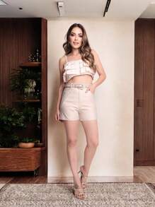 Leather Shorts With Pocket And Belt Attachment/LS267 - 米色 - 查看 4
