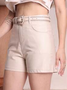 Leather Shorts With Pocket And Belt Attachment/LS267 - 米色 - 查看 2