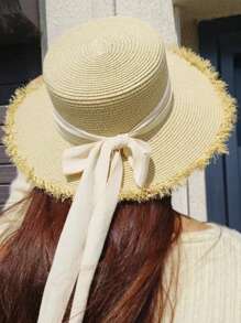 Sombrero de sol de ala ancha, sombrero de paja con cinta de lino plana y decoración de lazo en estilo retro bohemio elegante, versátil para uso casual al aire libre, protección UV y contra el viento, poliéster, acento de lazo, primavera/verano