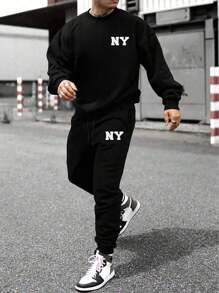 Sports Set, Long Sleeve Sweatshirt And Pants, For Men, Horse Print, Black Round Neck, Soft And Comfortable Sweatshirt - Negro - Ver 1