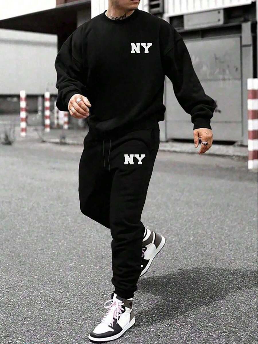 Sports Set, Long Sleeve Sweatshirt And Pants, For Men, Horse Print, Black Round Neck, Soft And Comfortable Sweatshirt - Negro - Ver 1