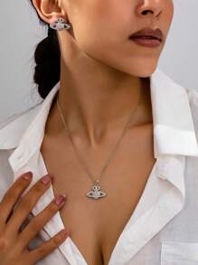 2pcs Valentine's Day Fashionable Crystallized Floral & Skull Planet Pendant Necklace & Earring Set, Elegant & Charming For Women - Multicolor - View 8