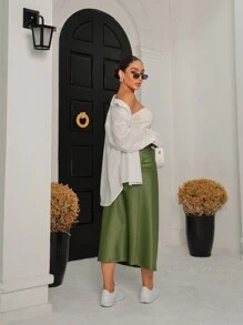 Satin Midi Skirt With Elastic - Dark Green - View 3