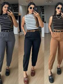 Women's Formal Carrot Tailored Trousers Basic Jogger Pants - Grey - View 4