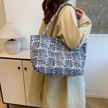 2025 Large Capacity Jacquard Canvas Bag, Retro Casual Tote Bag For Students - Blue - View 3
