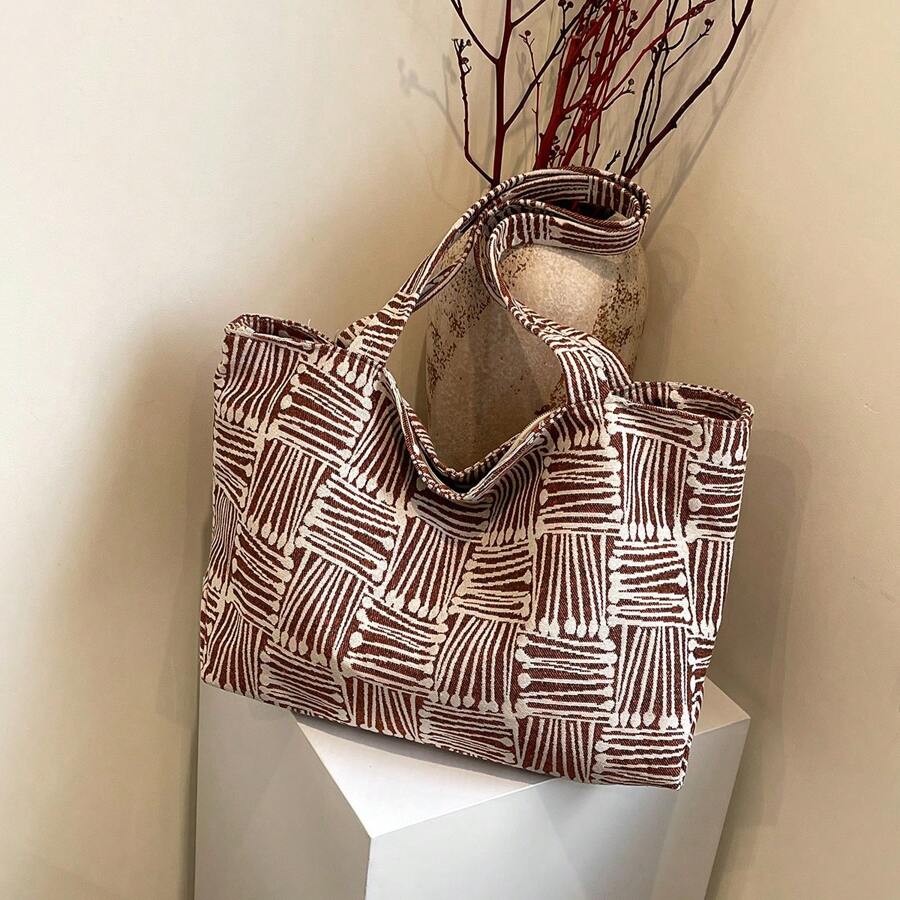 Bolso de lona de gran capacidad con jacquard 2025, bolso casual y retro para estudiantes