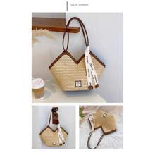 Bolso de capacidad grande con correa decorativa, bolso de paja vintage de nueva llegada primavera/verano 2025, bolso tejido versátil para el hombro para ir a trabajar, la playa, de compras, fiestas, niñas, estudiantes