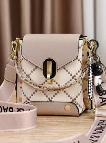 Women Shoulder Bag For Cell Phone BearBoho PlaidPU Material With Metal Decoration - màu xanh lá - Xem 10