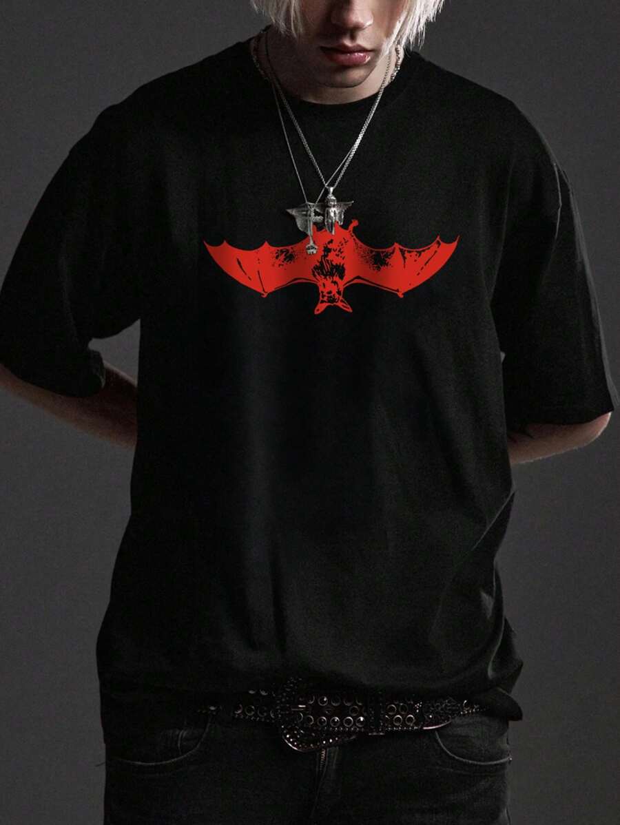 Men's Vintage Red Upside Down Bat & Graffiti Print Slim Fit Short Sleeve Letter T-Shirt, Suitable As Gift For Friends, Spring/Summer