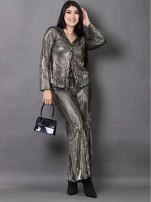 Conjunto de camisa y pantalones, de tela Metalica y cómoda - Dorado - Ver 1