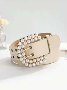 Faux Leather Pearl Decor Fashion Dual Row Perforated Wide Belt - Beige - View 6