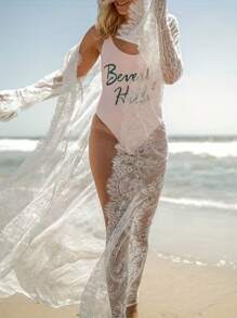 Women Lace Cover Ups Long Sleeve Ankle Length Cardigan Beach Sheer Tops Bikini See Through Kimono - 白色 - 查看 1