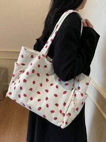Lente schattige aardbei foto tas case pluche gestreepte canvas tas is een lichtgewicht zakelijke casual minimalistische boodschappentas geschikt voor tiener vrouwelijke studenten,