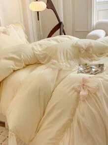 3/4 peças Conjunto de Roupa de Cama Floral de Chiffon com Borda (Capa de Edredão x1, Lençol x1, Fronha x1/2, Excluindo Enchimento), Conjunto de Capa de Edredão com Laço 3D de Estilo Princesa em Poliéster, Tamanho Queen, Macio e Confortável, Adequado para Quarto, Hotel, Todas as Estações