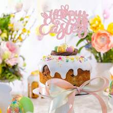 1 Stück Glitzer Kaninchen Karotte Kuchen Picker Rosa Happy Easter Kuchen Topper, Hasen Kuchen Dekoration für Happy Easter Geburtstags Party Zubehör