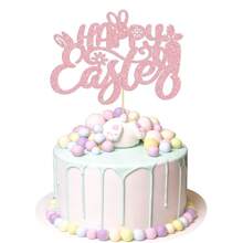 1 Stück Glitzer Kaninchen Karotte Kuchen Picker Rosa Happy Easter Kuchen Topper, Hasen Kuchen Dekoration für Happy Easter Geburtstags Party Zubehör