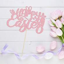 1 Stück Glitzer Kaninchen Karotte Kuchen Picker Rosa Happy Easter Kuchen Topper, Hasen Kuchen Dekoration für Happy Easter Geburtstags Party Zubehör