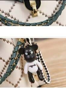 Women Shoulder Bag For Cell Phone BearBoho PlaidPU Material With Metal Decoration - màu xanh lá - Xem 5