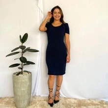 Midi Dress Fitted Straight Short Sleeve Princess Fashion - Azul Marino - Ver 6